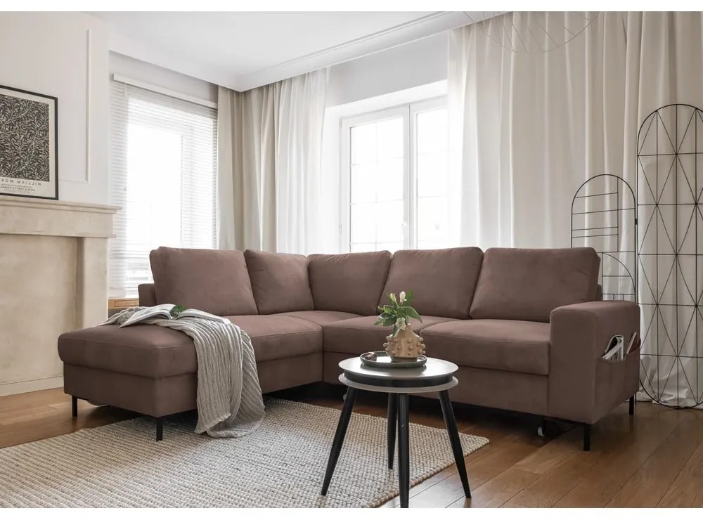 Colțar maro extensibil cu tapițerie din catifea reiată (cu colț pe partea stângă ) Lofty Lilly – Miuform