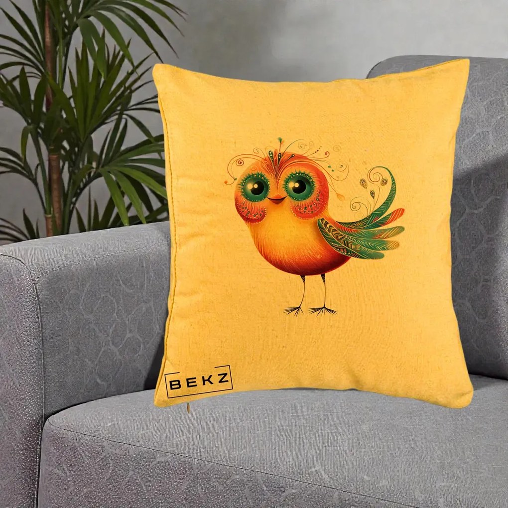 Perna Decorativa Pasare Vibranta cu Aripi Ornamentale, 40x40 cm, Galben, Husa Detasabila, Perna Inclusa, BEKZ®