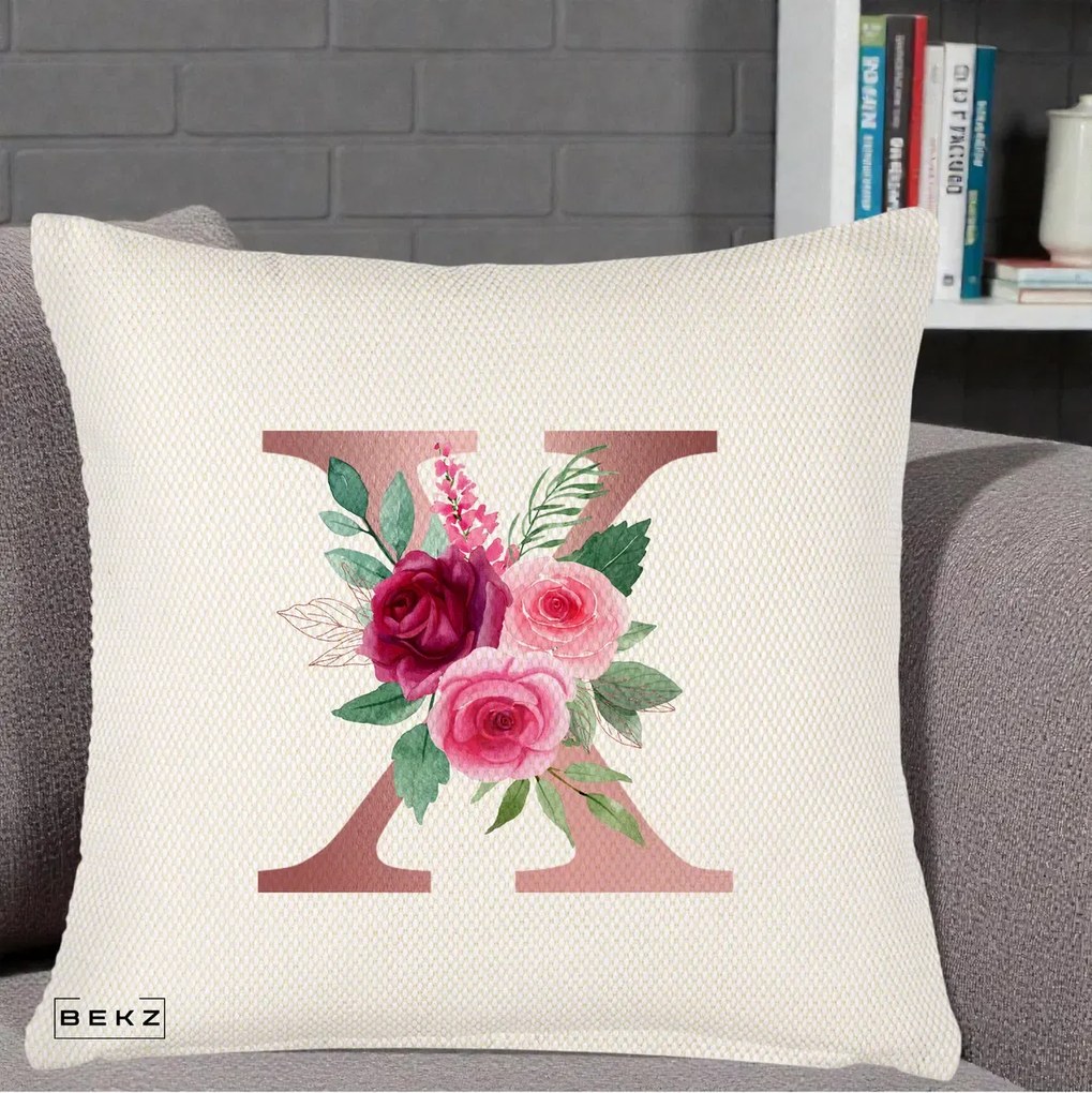 Cadou Personalizat - Perna Personalizata Monograma Rose Gold Litera X, 40x40 cm, Crem Reliefat, Husa Detasabila, Perna Inclusa, BEKZ®