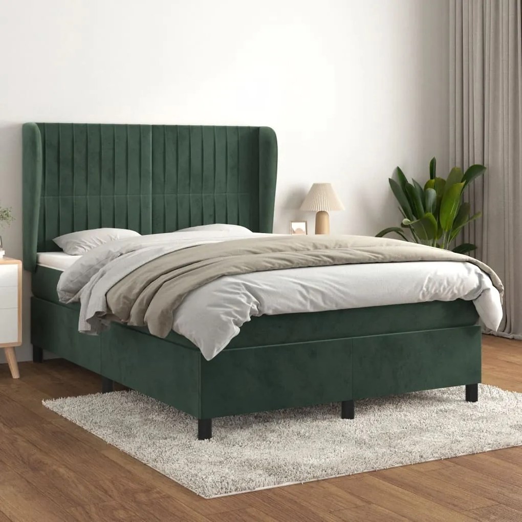 3129330 vidaXL Pat box spring cu saltea, verde închis, 140x190 cm, catifea