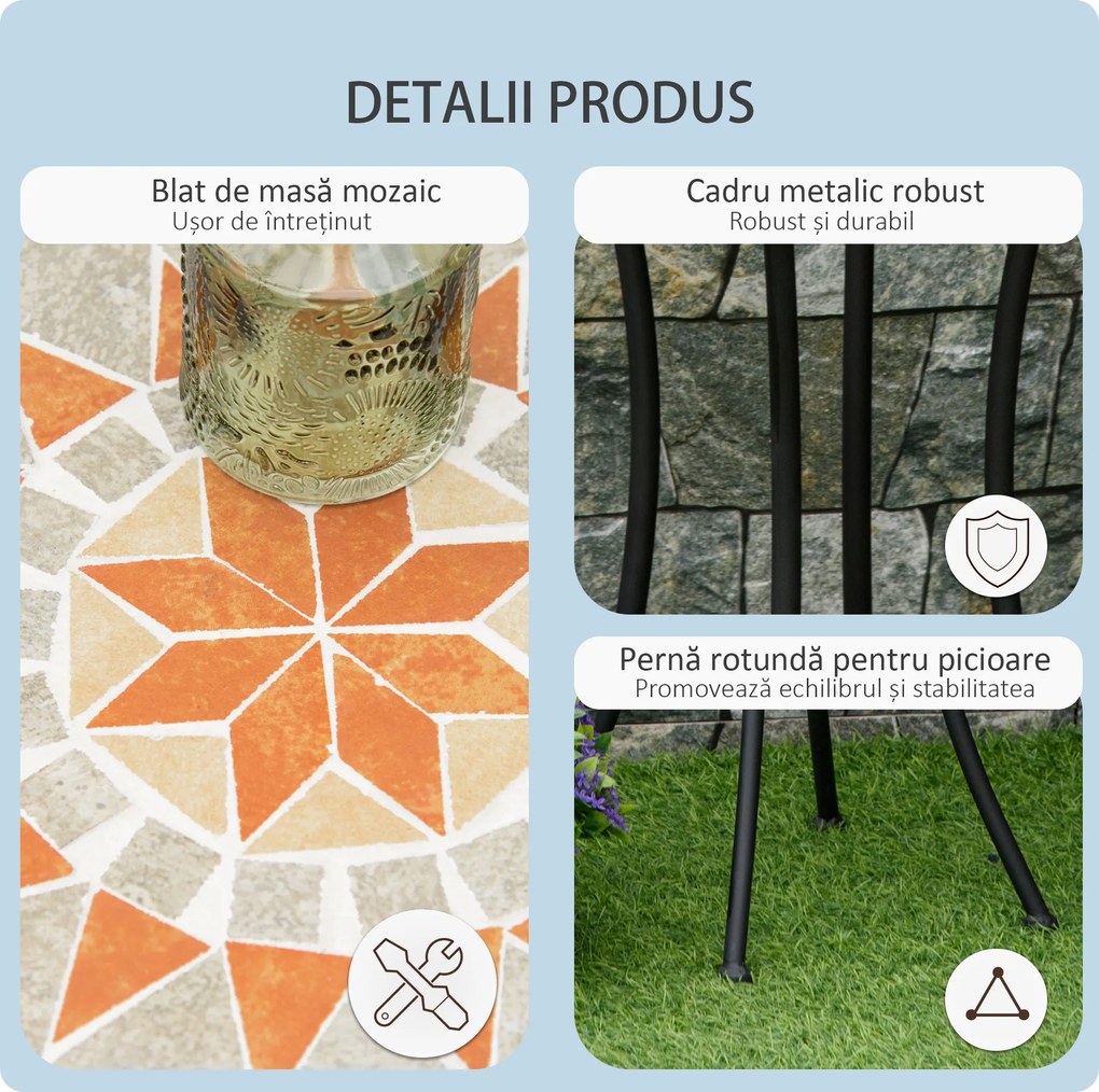 Outsunny Masă Rotundă Laterală Ø35,5cm – Masă de Patio Impermeabilă cu Design Mozaic, Măsuță din Metal pentru Living, Birou, Interior și Exterior – Galben și Gri | Aosom Romania