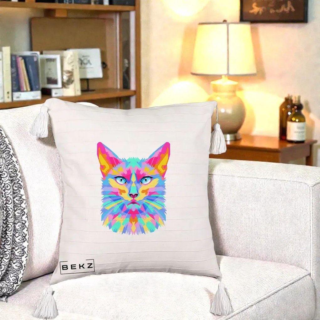 Perna decorativa Pisica Pop Art Multicolor, 45x45 cm cu Umplutura, Bej cu Franjuri, BEKZ