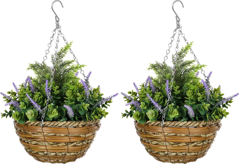 Outsunny Set 2 Plante Artificiale de Lavandă cu Ghiveci și Cârlig, Ø25x34 cm, Verde și Violet | Aosom Romania