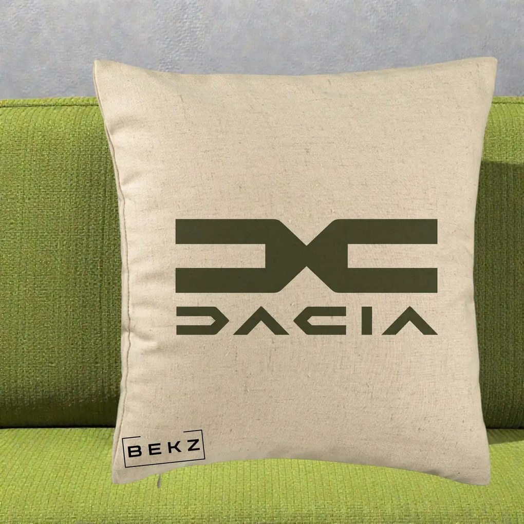Perna Personalizata cu emblema Dacia, 40x40 cm, Bej, Husa Detasabila, Perna Inclusa, BEKZ®