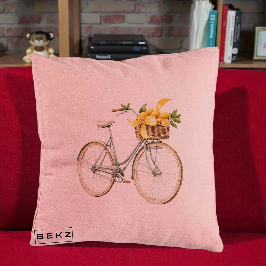 Perna Decorativa Bicicleta cu Cos de Lamai Mediteranean, 40x40 cm, Roz, Husa Detasabila, Perna Inclusa, BEKZ®