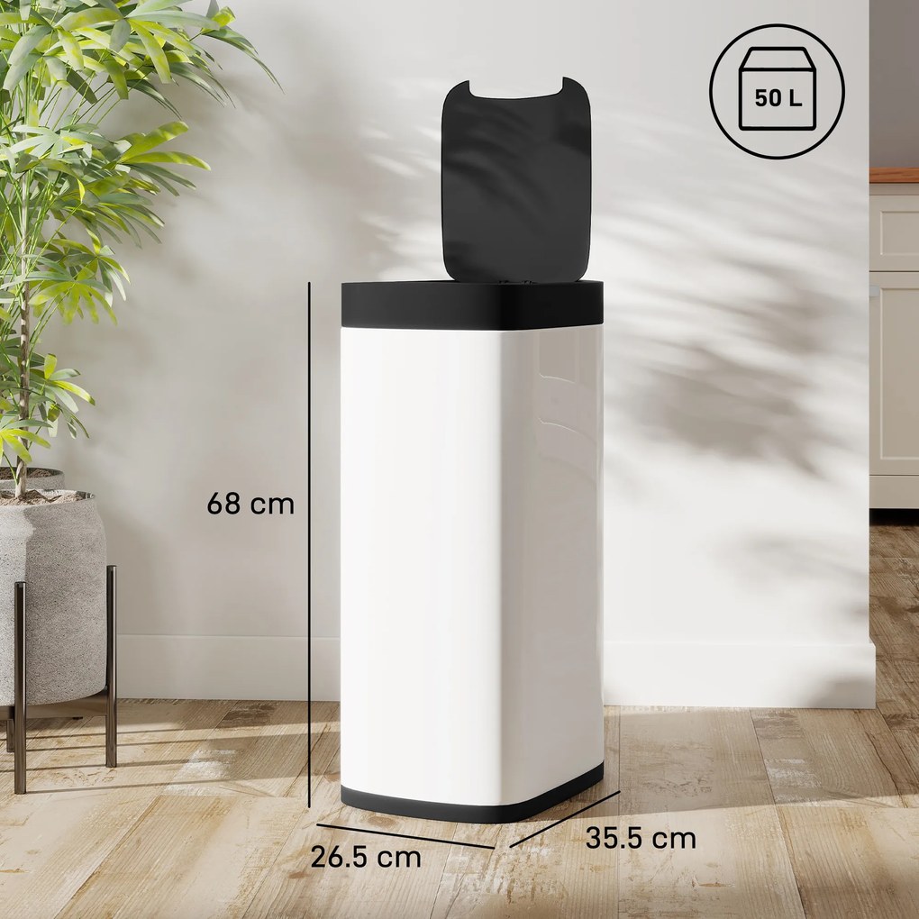 HOMCOM Coș de gunoi de bucătărie automat 50 L, coș cu senzor de mișcare, funcționează pe baterii, 26,5x35,5x68 cm, crem | Aosom Romania