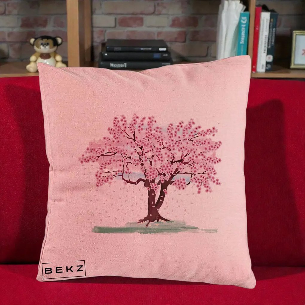 Perna Decorativa Cires Inflorit Acuarela, 40x40 cm, Roz, Husa Detasabila, Perna Inclusa, BEKZ®