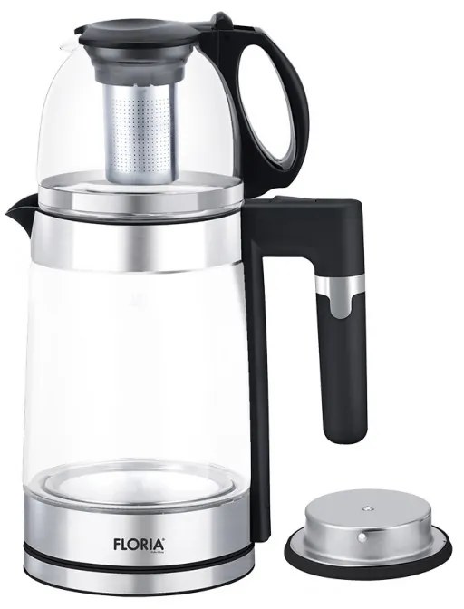 Ceainic electric pentru ceai turcesc Floria ZLN1757, 1500W, 1.8+1.2 l, Infuzor, Sticlă borosilicată, Negru
