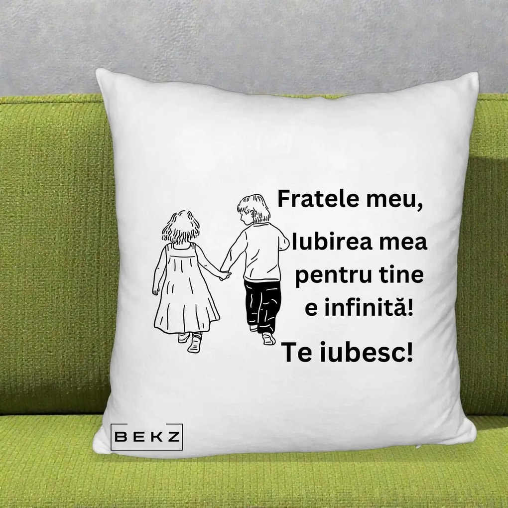 Cadou pentru Frate - Perna Personalizata Fratele Meu Te Iubesc Copii Tinand Maini Varianta 2, 40x40 cm, Alb Pufos, Husa Detasabila, Perna Inclusa, BEKZ®