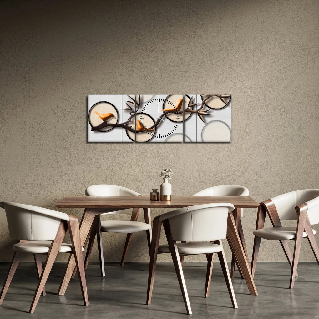Tablou artistic - Păsărele pe creangă (cu ceas) (90x30 cm)