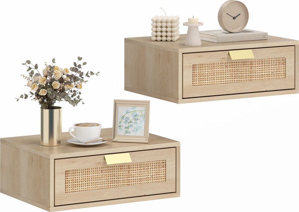 HOMCOM Set de 2 Noptiere Suspendate cu Sertar din Ratan Economisește Spațiu Design Modern 40x30x15 cm Natural | Aosom Romania