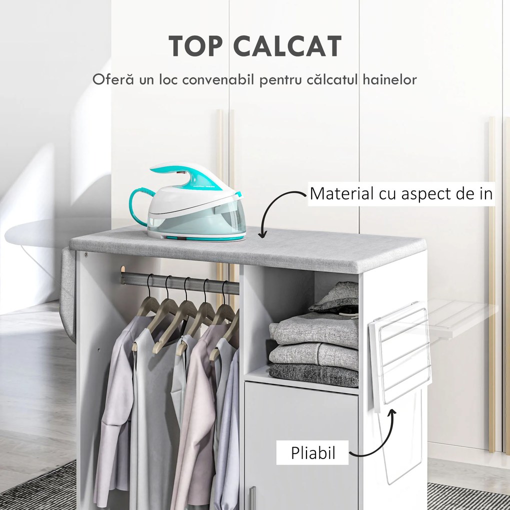 HOMCOM Dulap Multifuncțional cu Masă de Călcat | Blat din Tesatura Efect In | 3 Rafturi | Ghidaj pentru Agățat | 127x42.5x99 cm | Alb | Aosom Romania
