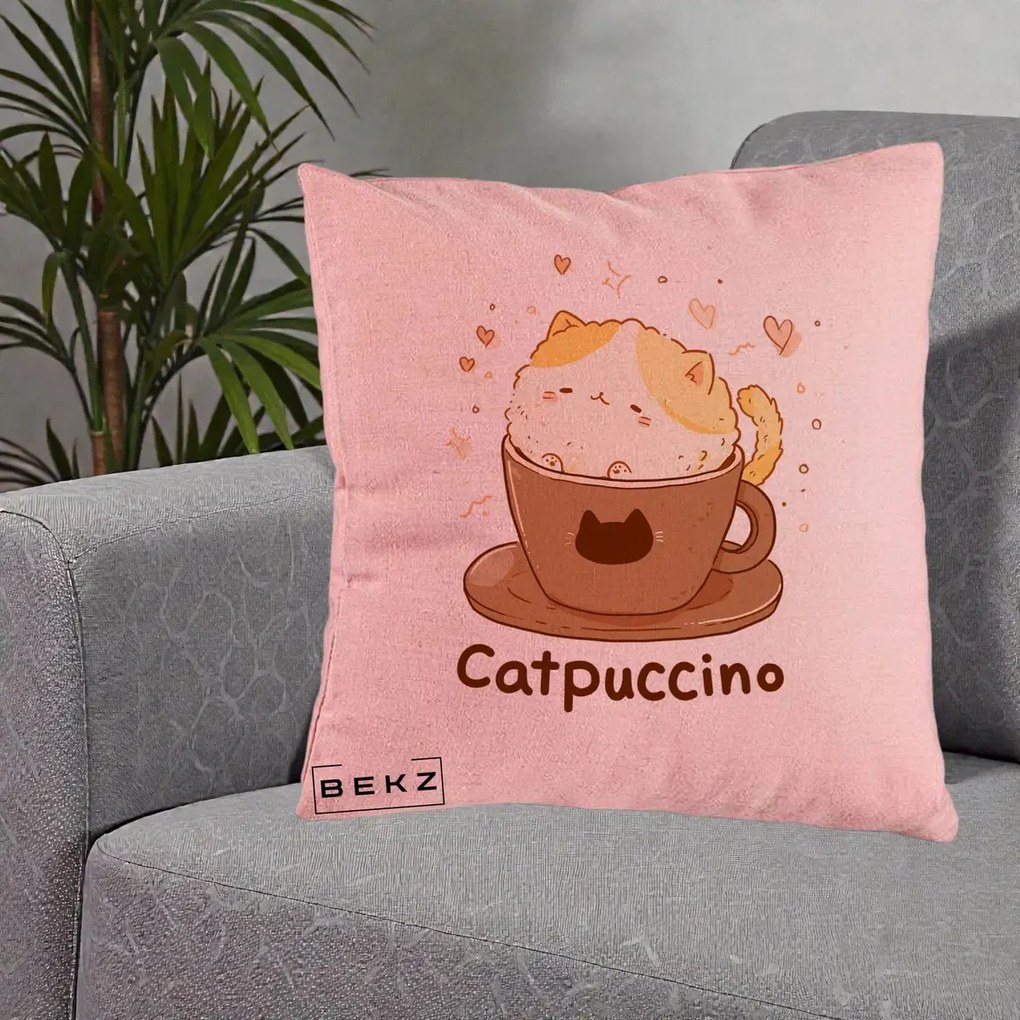 Perna Decorativa Catpuccino Pisica Cappuccino, 40x40 cm, Roz, Husa Detasabila, Perna Inclusa, BEKZ®