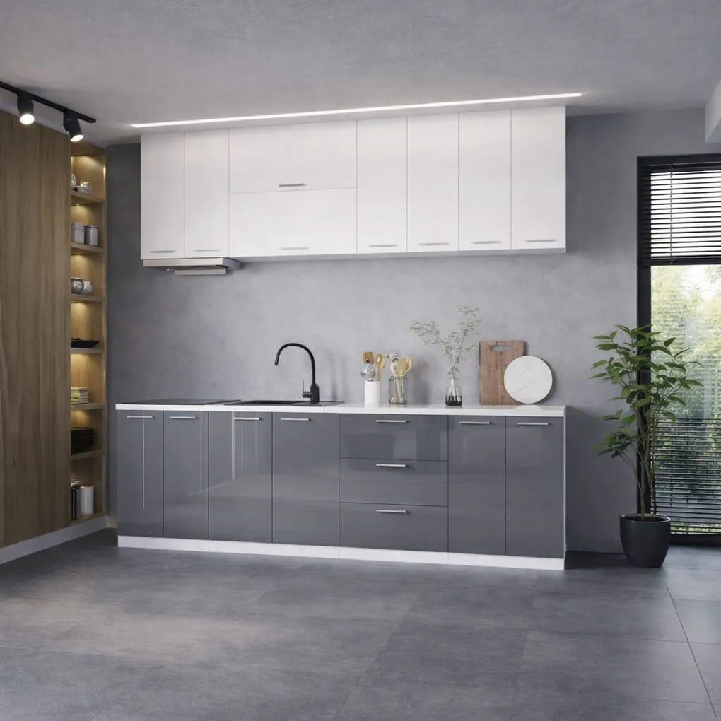 Bucatarie Love MDF lucios, 260 cm, Alb/Gri
