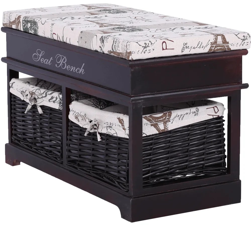 Bancă cu pernă, 2 coşuri de răchită, maro închis/bej/imprimeu, SEAT BENCH 3