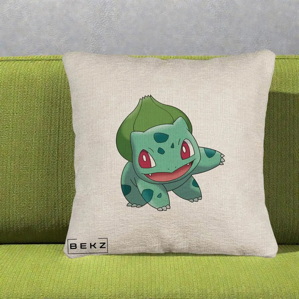 Perna Personalizata Bulbasaur Pokemon, 40x40 cm, Bej Canapea, Husa Detasabila, Perna Inclusa, BEKZ®