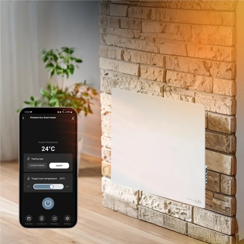 Convector electric de perete AENO AGH0011S, 500W, 12 m², LED, Wi-Fi, Senzori de inclinare si cadere, IP24, Alb