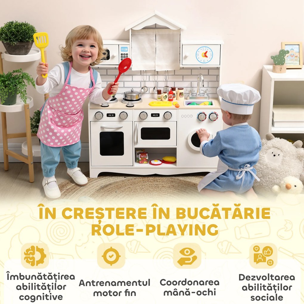 AIYAPLAY Bucătărie de Jucărie pentru Copii 3-6 Ani din Lemn cu Set de Accesorii, Chiuvetă și Butoane cu Sunete, Alb | Aosom Romania