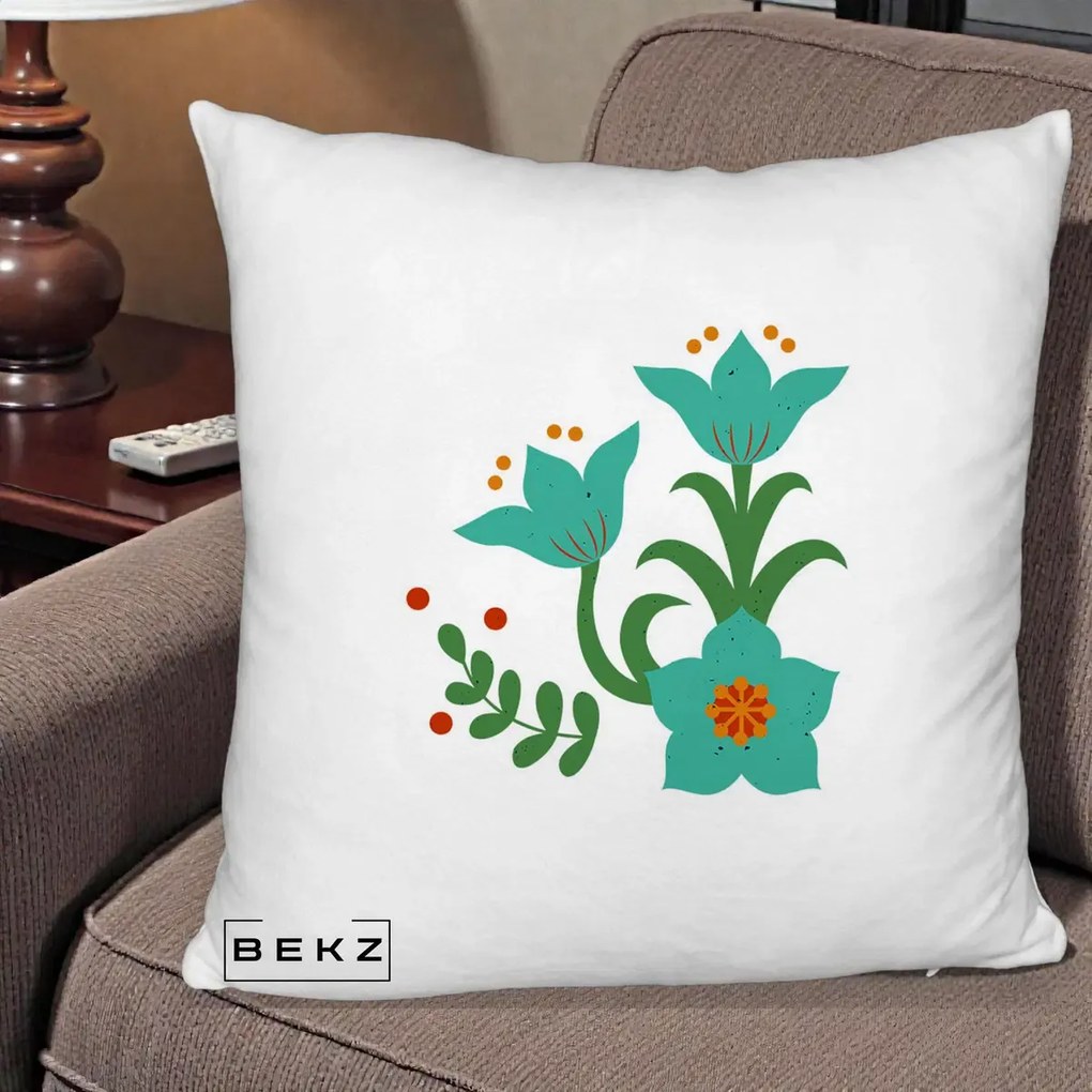 Perna Decorativa Flori Stilizate Folk Turcoaz, 40x40 cm, Alb Pufos, Husa Detasabila, Perna Inclusa, BEKZ®