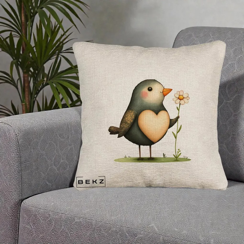 Perna Decorativa Pasare cu Inima si Margareta, 40x40 cm, Bej Canapea, Husa Detasabila, Perna Inclusa, BEKZ®