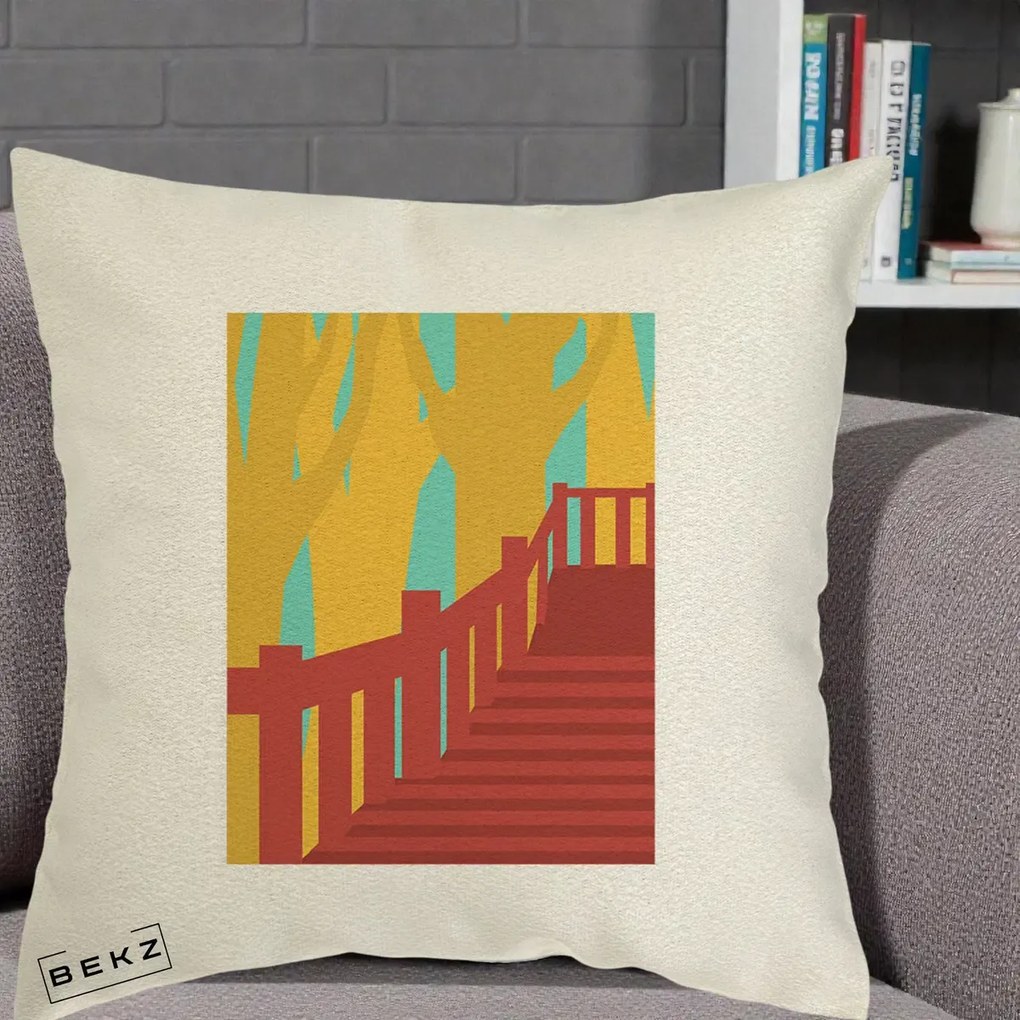 Perna Decorativa Scari Toamna Peisaj Grafic, 40x40 cm, Ecru, Husa Detasabila, Perna Inclusa, BEKZ®