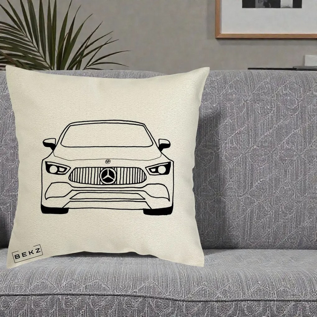 Perna Personalizata Mercedes-Benz Fata Linie, 40x40 cm, Ecru, Husa Detasabila, Perna Inclusa, BEKZ®