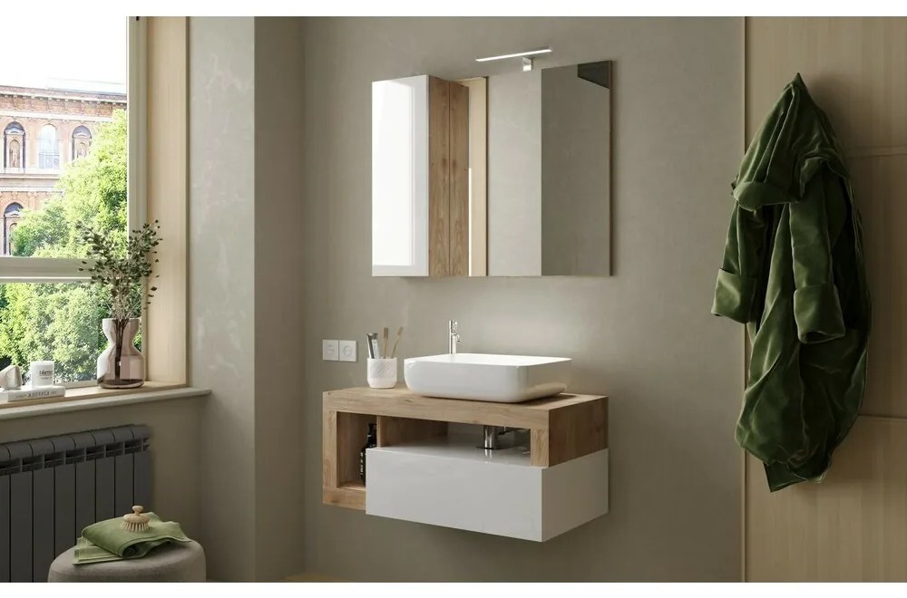Dulap cu oglinda suspendat LC Mobili Italia Hamburg cu iluminare LED 92 cm finisaj alb/lemn