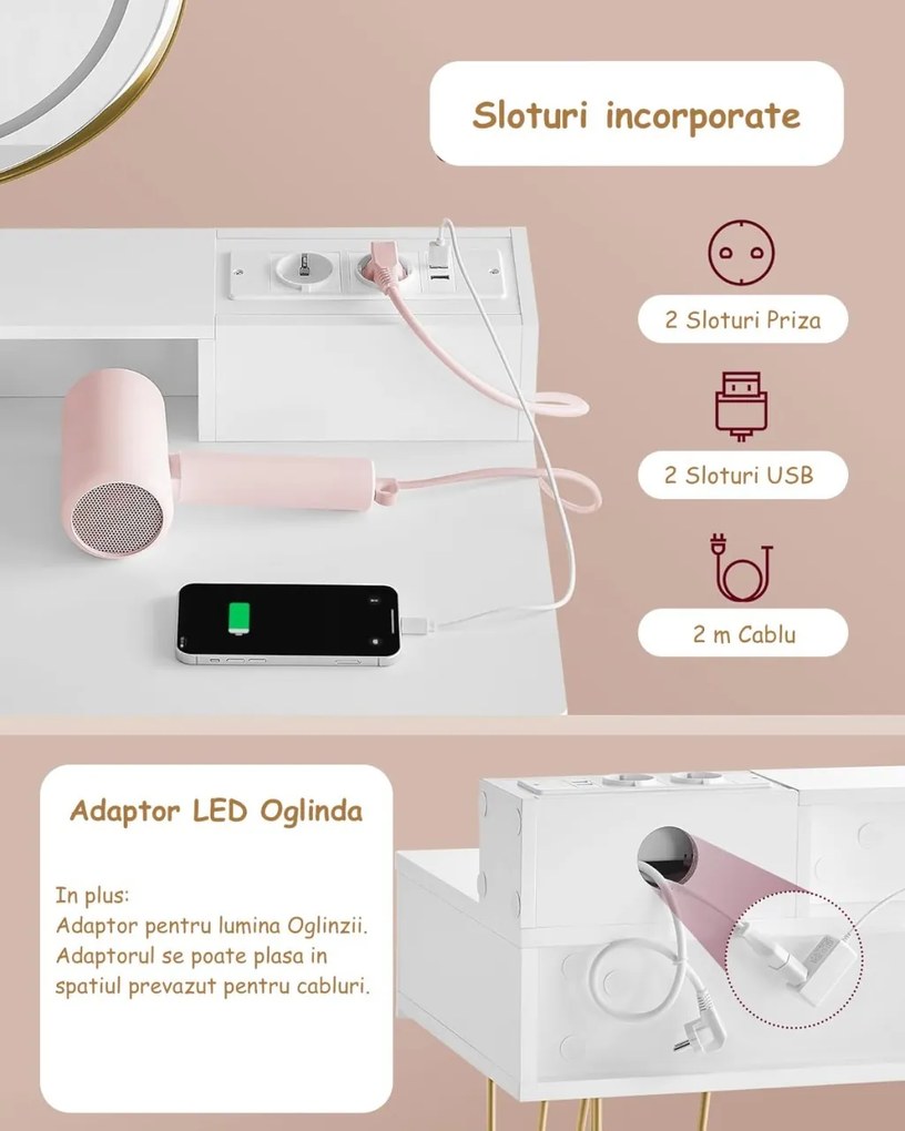 Masuta machiaj cu Oglinda LED si 2 Sertare pentru Cosmetice, Set Masa toaleta 80 cm sau 100 cm, Alb, masuta cosmetica, vanity - SEA801