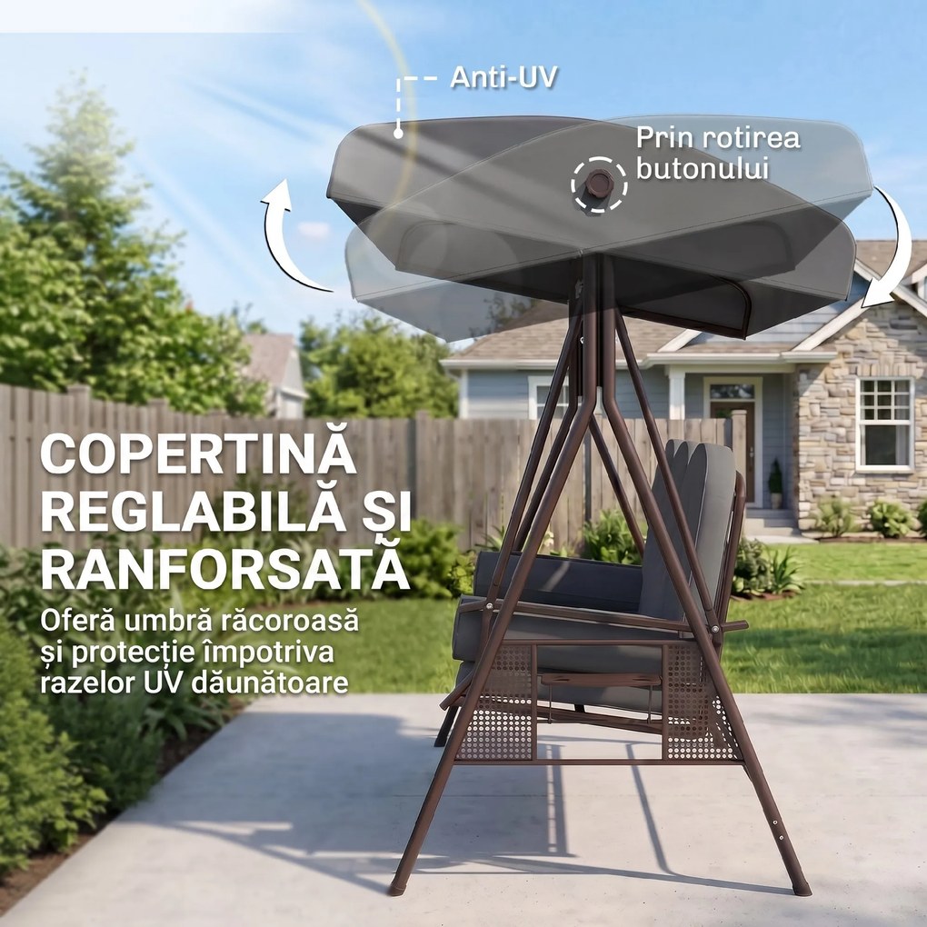 Outsunny Leagăn de Grădină pentru 3 Persoane, Bancă Balansoar cu Copertină Reglabilă și Perne, 120x208x172 cm, Gri | Aosom Romania
