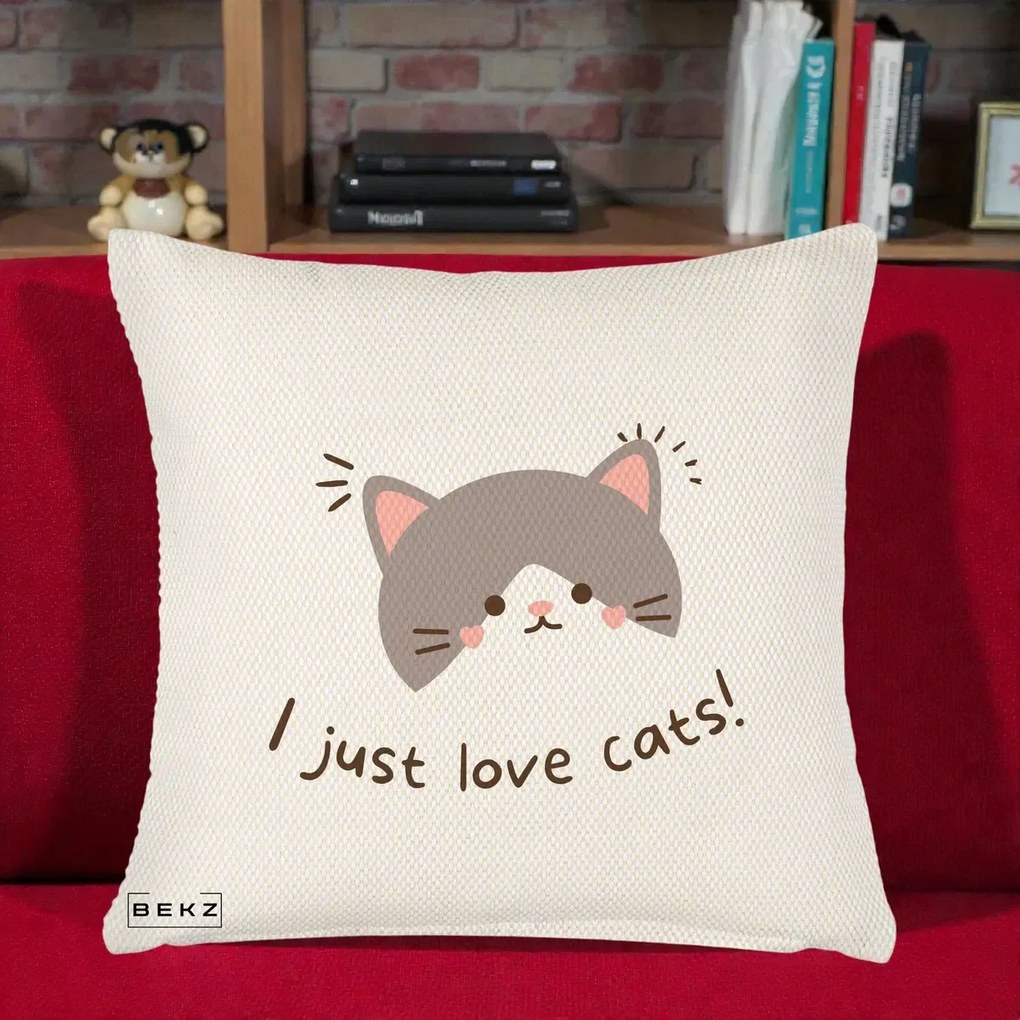 Perna Personalizata I Just Love Cats Pisica Kawaii, 40x40 cm, Crem Reliefat, Husa Detasabila, Perna Inclusa, BEKZ®