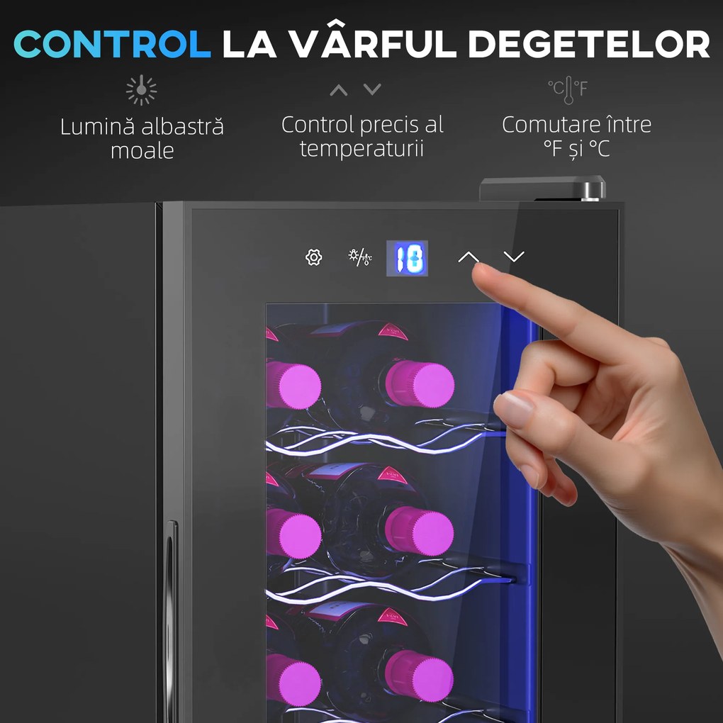 HOMCOM Frigider Termoelectric Dublu pentru 12 Sticle de Vin cu Ușă de Sticlă și Lumină LED, 26,5x51,5x65 cm, Negru | Aosom Romania