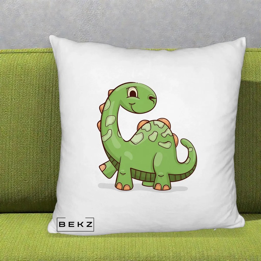 Perna Decorativa Brontosaur Verde Simpatic, 40x40 cm, Alb Pufos, Husa Detasabila, Perna Inclusa, BEKZ®