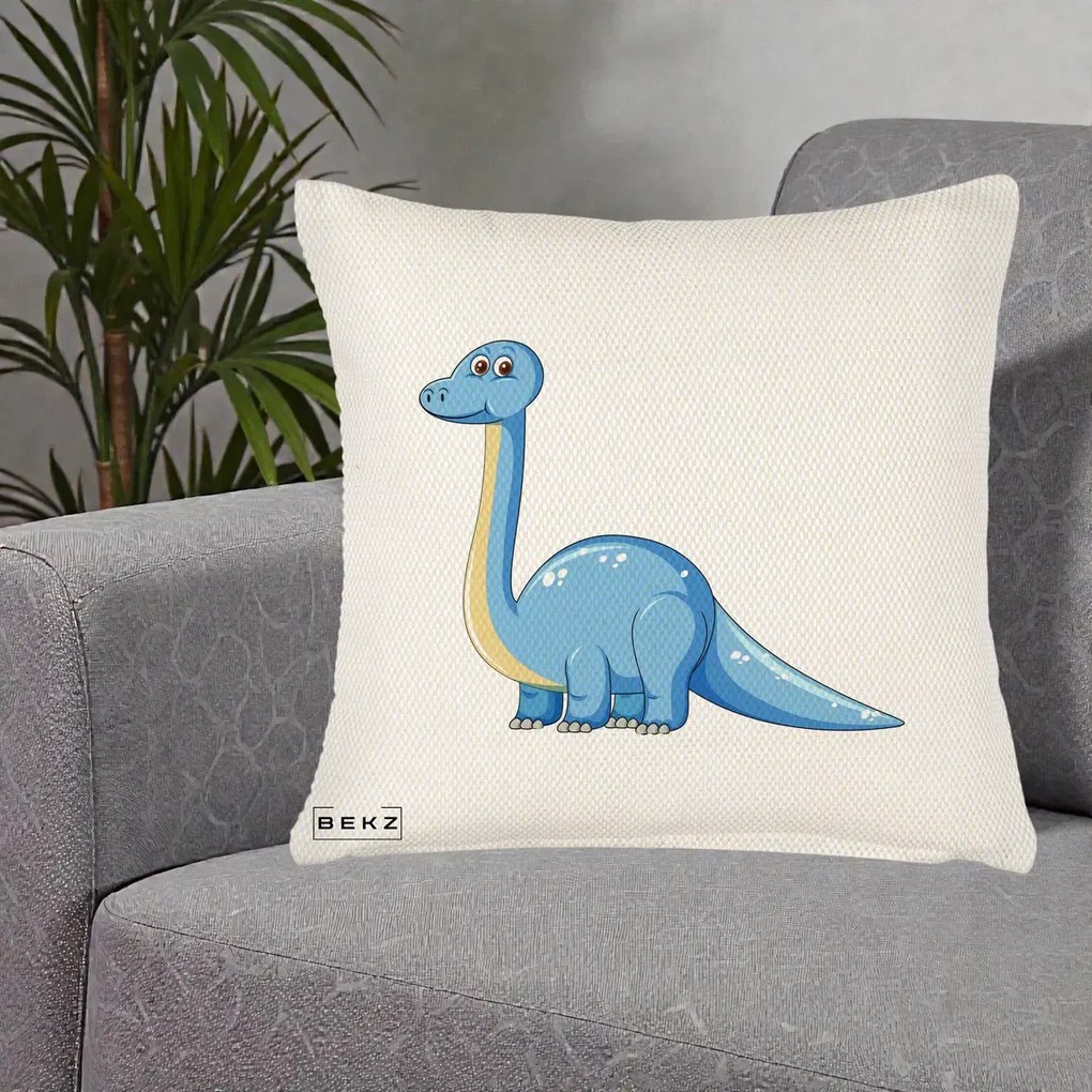 Perna Personalizata Brontosaur Albastru, 40x40 cm, Crem Reliefat, Husa Detasabila, Perna Inclusa, BEKZ®