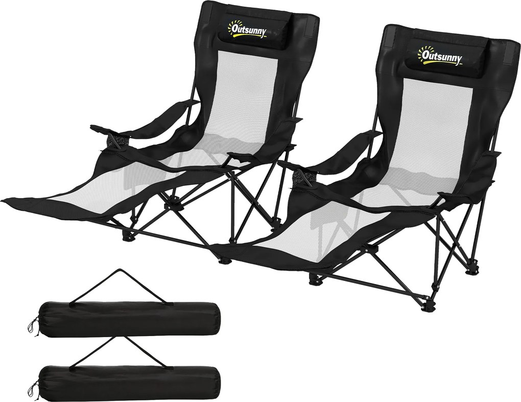 Outsunny Set de 2 Scaune Pliabile Rabatabile pentru Camping cu Suport Picioare Detașabil, Tetieră, Suport Pahar și Husă, Negru | Aosom Romania