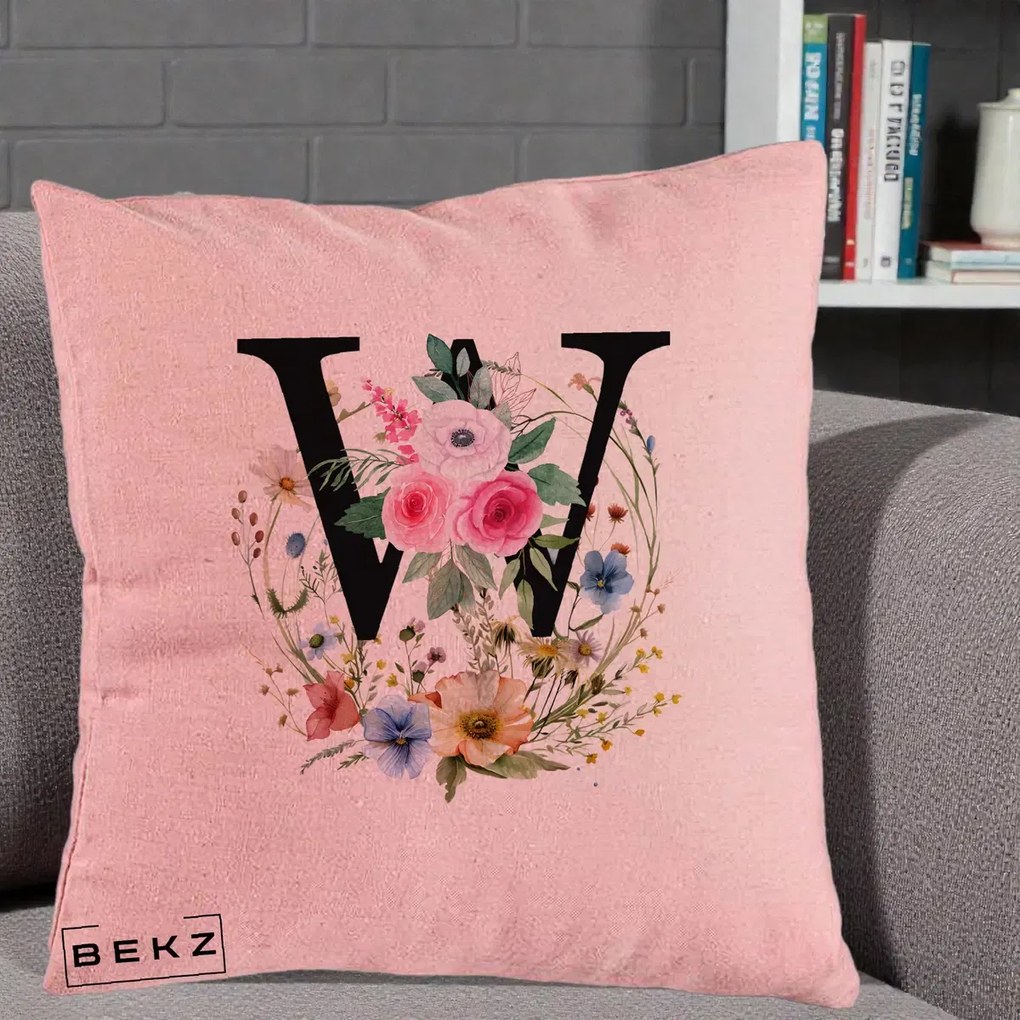Cadou Personalizat - Perna Personalizata Monograma Florala Litera W, 40x40 cm, Roz, Husa Detasabila, Perna Inclusa, BEKZ®