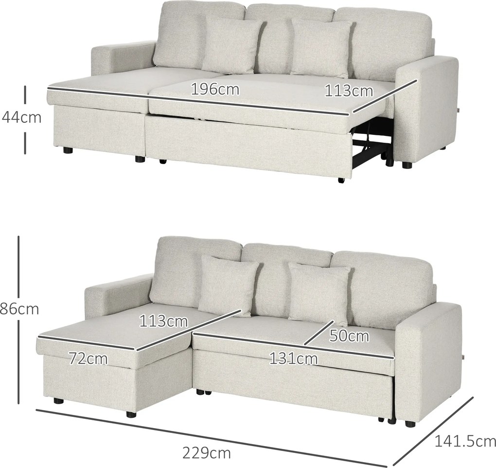 HOMCOM Canapea Extensibilă de Colț în Formă de L, Cu Șezlong Convertibil și Spațiu de Depozitare, Tapițerie Crem cu Efect de In, Perne Incluse | Aosom Romania