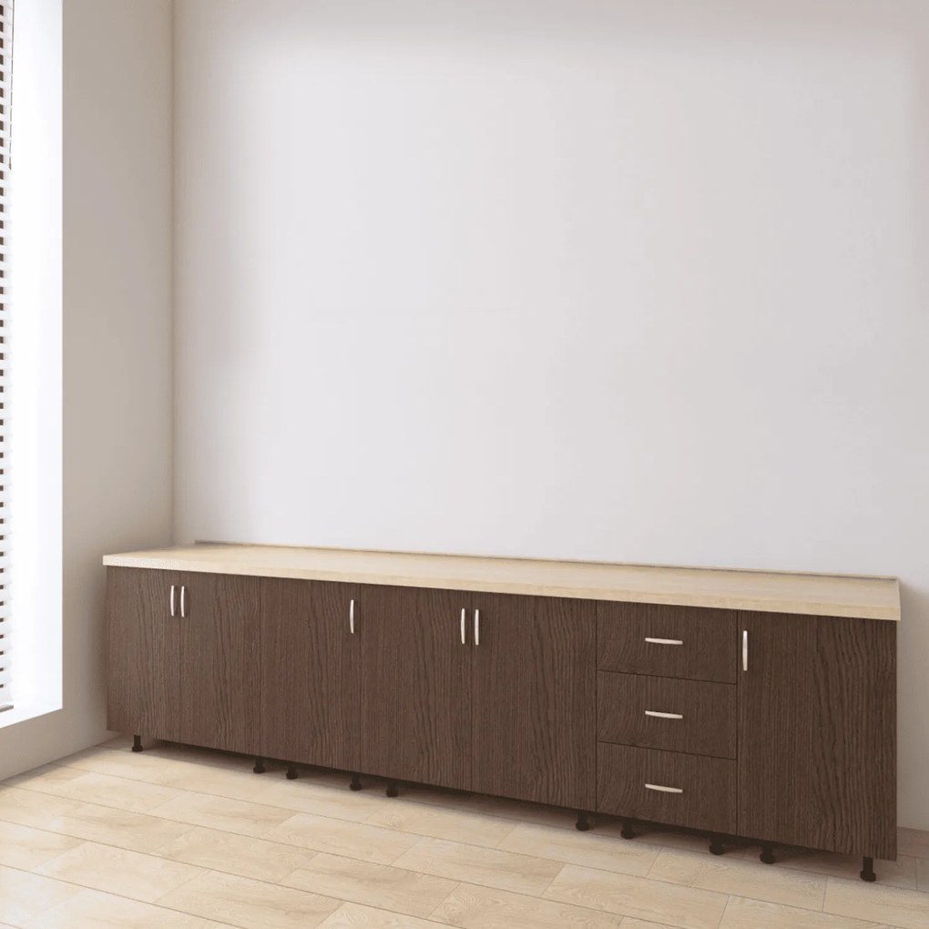 Set Corp Bucatarie L260 x H90 x A50cm, Culoare Wenge, Picioare Reglabile, Blat Termorezistent 2.8 cm