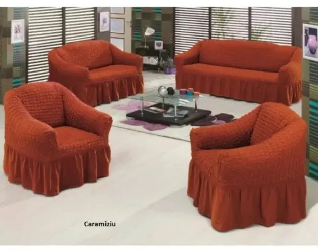 Huse Elastice si Creponate cu Volan, Canapea 3 Persoane, 2 Persoane + 2 Fotolii, Caramiziu