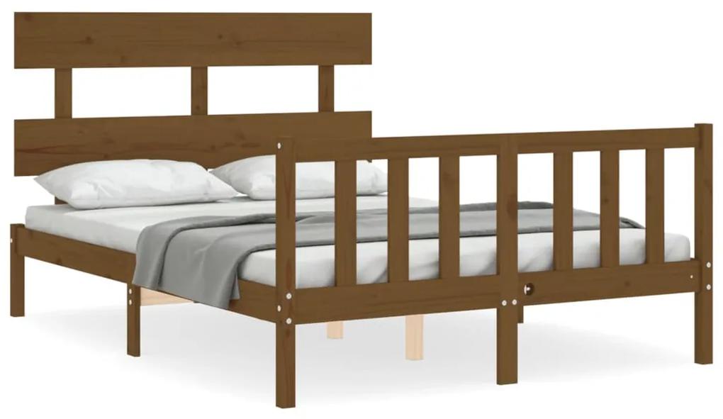3193244 vidaXL Cadru de pat cu tăblie, dublu mic, maro miere, lemn masiv