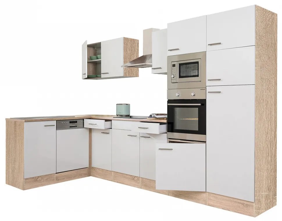 Mobilă de bucătărie de colț Yorki 340, corp din stejar Sonoma, cu față alb satinat