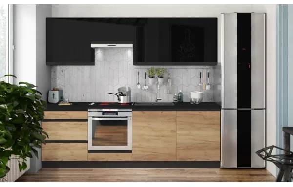 Set de bucătărie MARINA 240 cm, stejar craft / negru lucios