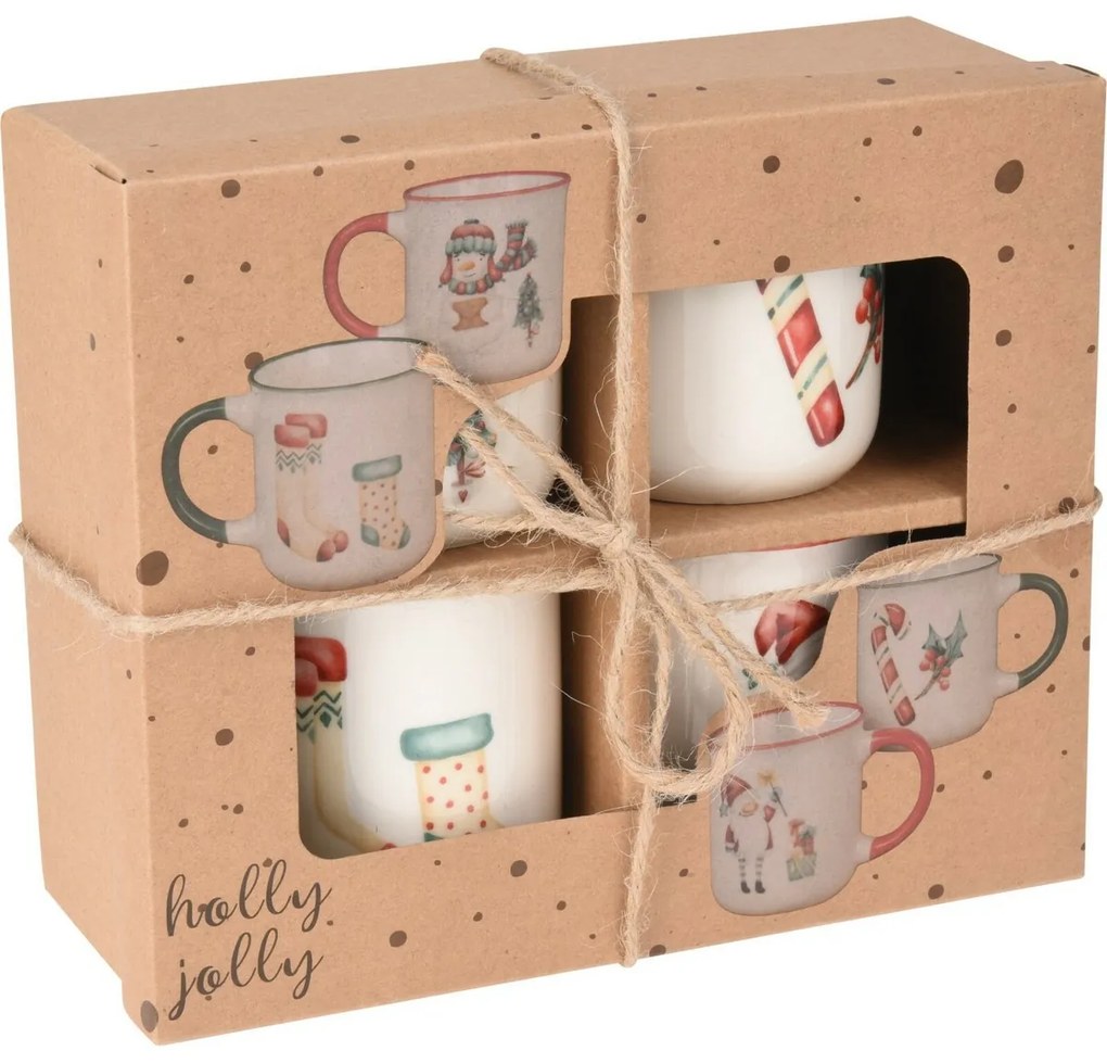 Set de 4 căni Holly Jolly, 200 ml, porțelan