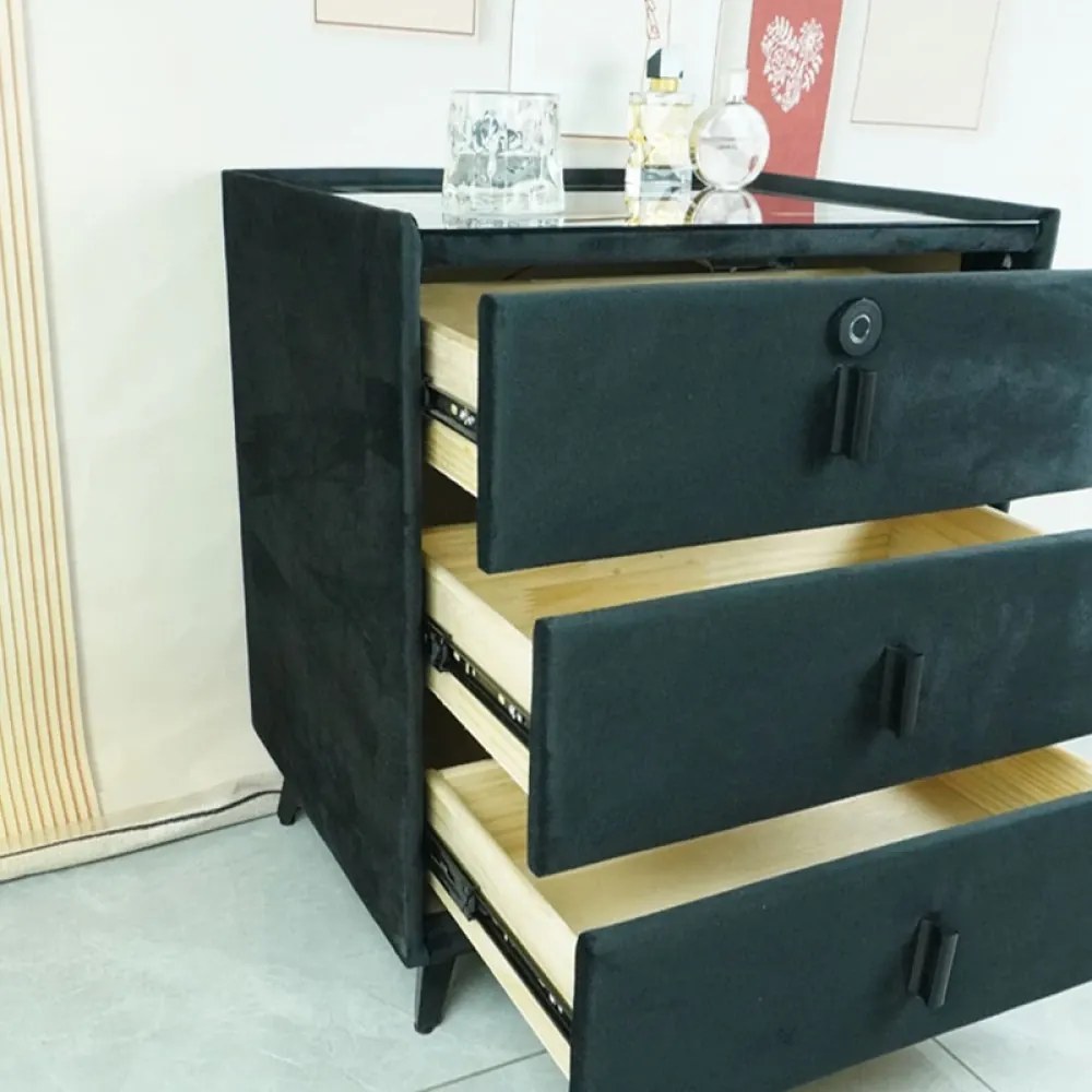 Noptieră inteligentă multifuncțională, 3 sertare, blocare cu amprentă, LED-uri tactile, 3 tipuri de culoare, încărcare fără fir, Difuzor Bluetooth, incarcare USB, sticla securizata, catifea, Negru