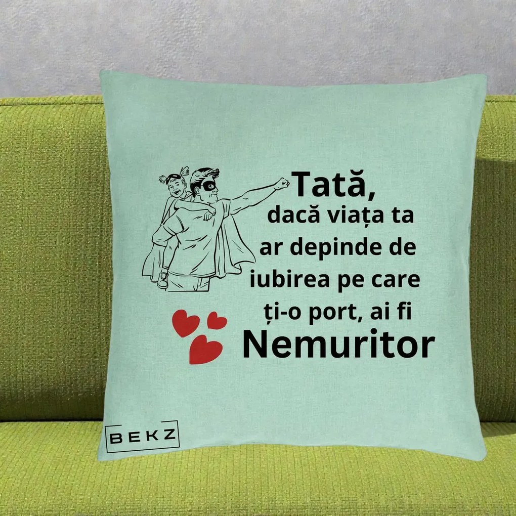Cadou pentru Tata - Perna Personalizata Tata Nemuritor Supererou cu Masca, 40x40 cm, Verde Menta, Husa Detasabila, Perna Inclusa, BEKZ®