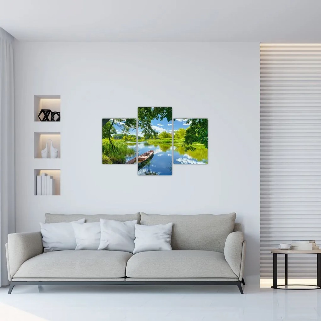 Tablou cu râu de vară și barcă (90x60 cm)