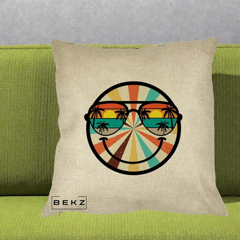 Perna Decorativa Smiley Face Retro Sunset Palmieri, 40x40 cm, Crem, Husa Detasabila, Perna Inclusa, BEKZ®