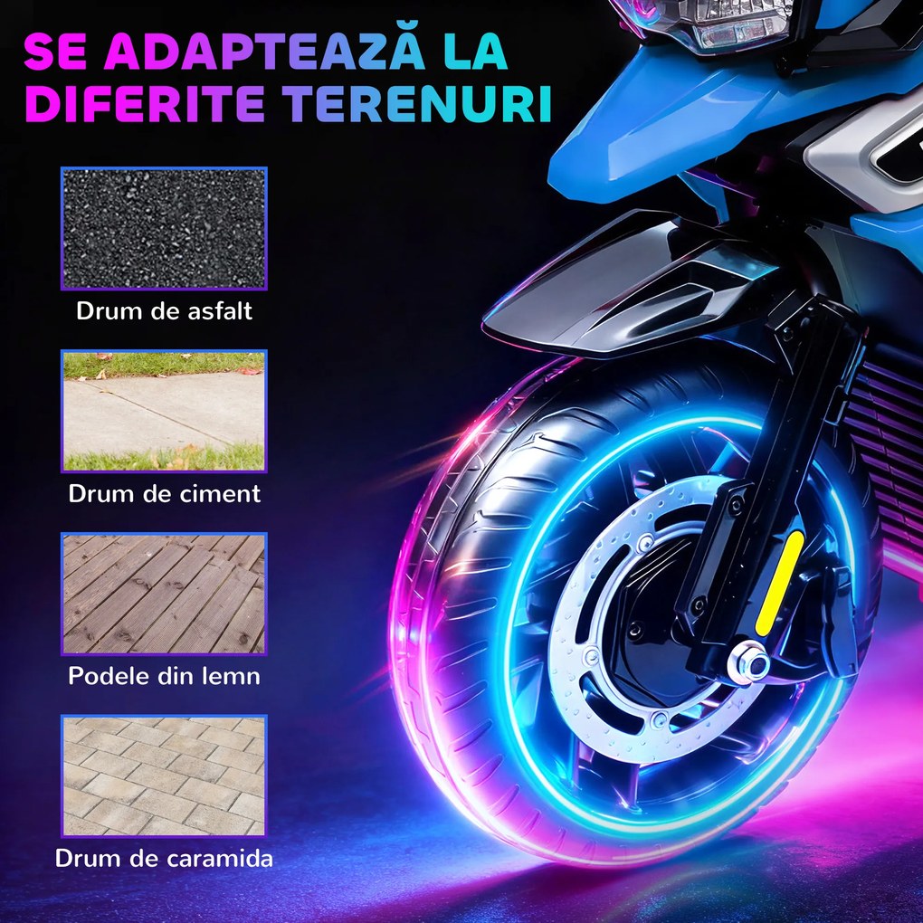 AIYAPLAY Motocicletă Electrică pentru Copii 18-36 Luni, 6V Motocicletă Electrică pentru Copii cu Roți Detașabile, Faruri, Muzică, 2.4 km/h Mini Motocicletă cu Far, Max 30kg, Albastru | Aosom Romania