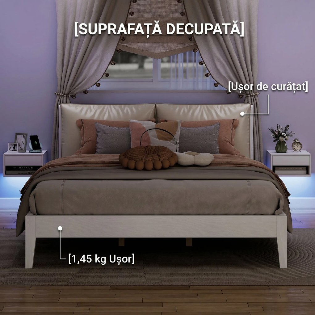 HOMCOM Set 2 Noptiere Suspendate cu LED RGB Integrat și Reglabil prin Aplicație, Sertar și Raft, 37x32x21 cm, Alb | Aosom Romania