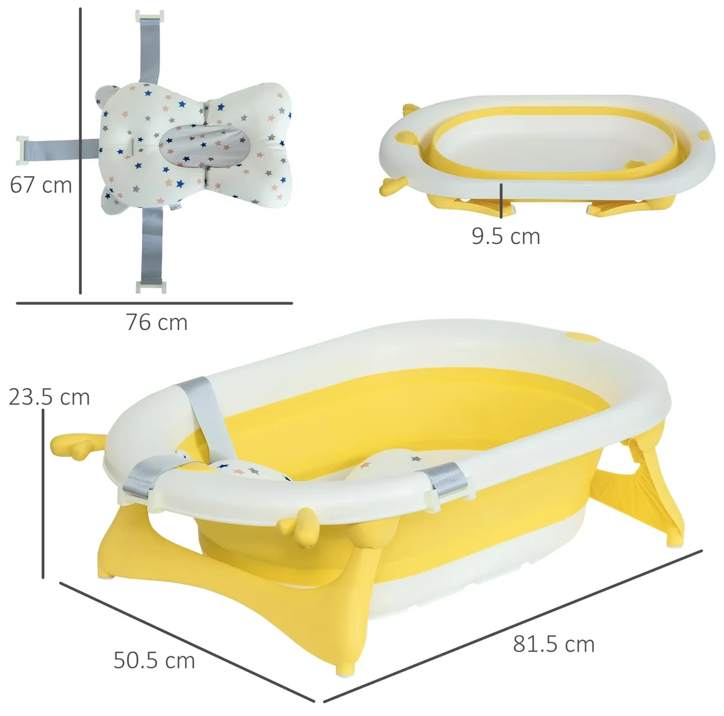 HOMCOM Cadă Pliabilă pentru Bebeluși 0-3 Ani, cu Indicator de Temperatură și Pernuță, Alb, 81.5x50.5x23.5 cm, Design Ergonomic | Aosom Romania