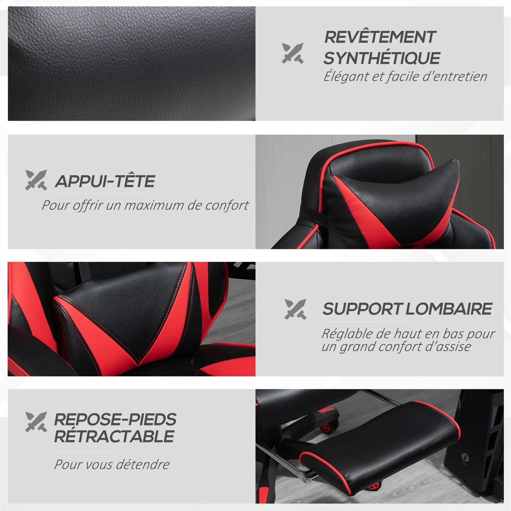 Vinsetto Fotoliu gaming Ergonomic, Fotoliu de birou confortabil cu Suport pentru picioare, Suport pentru cap și pernă lombară, Înălțime reglabilă, negru și roșu | Aosom Romania